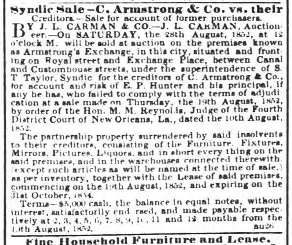 An image of a newspaper ad about the original Sazerac House in 1852